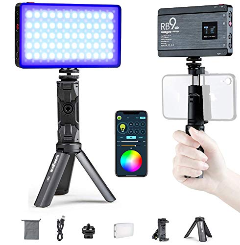 Weeylite RB9 RGB Videoleuchte mit App-Steuerung und Stativ, Eingebauter Wiederaufladbare Batterien 2500K-8500K Dimmbarer 360° Vollfarbe Mini Videolicht Kamera Licht mit OLED Display Aluminiumkörper von weeylite
