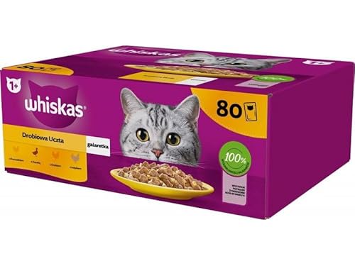 Whiskas Adult 1+ Katzennassfutter Geflügel Auswahl in Gelee, 80 Portionsbeutel, 80x85g Hochwertiges Katzenfutter nass, für ausgewachsene Katzen von whiskas