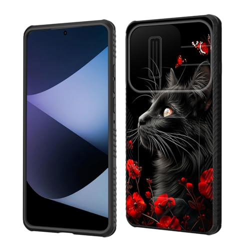 wiaekosef Schutzhülle für Moto Edge 2025, integrierte Schiebe-Kamera-Objektivabdeckung, strapazierfähig, stoßfest, doppellagig, Schutzhülle für Motorola Moto Edge 2025, schwarze Katze, Blumen und wiaekosef Schutzhülle für Moto Edge 2025, integrierte Schiebe-Kamera-Objektivabdeckung, strapazierfähig, stoßfest, doppellagig, Schutzhülle für Motorola Moto Edge 2025, schwarze Katze, Blumen und von wiaekosef