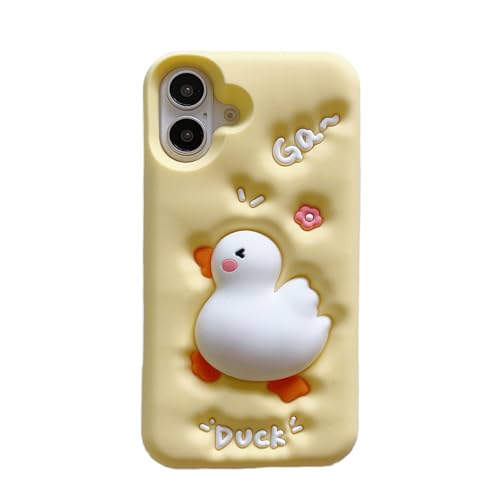 wifantien 3D-Enten-Schutzhülle für iPhone 16, 15,5 cm (6,1 Zoll), Cartoon-Design, niedlicher Kawaii-Charakter, drückende Entenform, für Kinder, Teenager, Mädchen, Frauen, weiche Silikon-Schutzhülle von wifantien