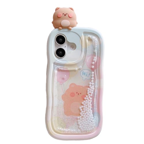 wifantien Schutzhülle für iPhone 16, 15,5 cm (6,1 Zoll), Motiv: fließender flüssiger Treibsand, niedlicher Kawaii-Wellenrahmen, lustiger Bär, vollständiger Kameraschutz, Kinder, Mädchen, Frauen von wifantien