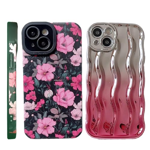 wifantien Weiche Schutzhülle für iPhone 15, 15,5 cm (6,1 Zoll), süßes rosa Blumenmuster und Wasserwellen-Design, schmale Passform, Kameralinsenschutz, weiche TPU-Hülle für Damen und Mädchen, 2 Stück von wifantien