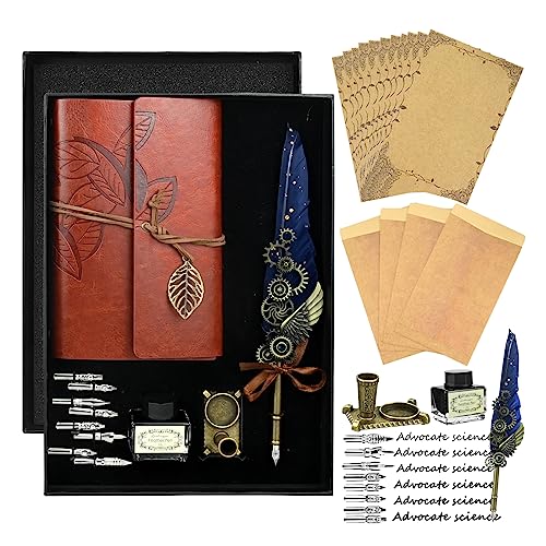 wiksite Schreibfeder Kalligraphie Feder, Handgemachte Dip Pen, Vintage Federkiel Dip Quill Pen Writing Ink Set für Schreibwaren Geschenk Blau (27) von wiksite