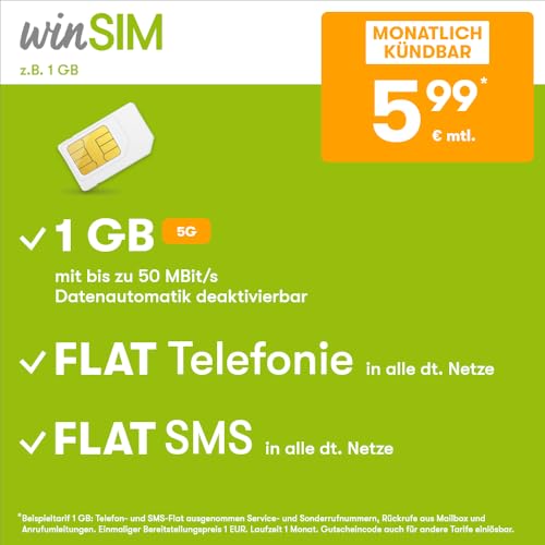 Handytarif winSIM z.B. Allnet Flat 1 GB – (Flat Internet 5G 1 GB, Flat Telefonie, Flat SMS und Flat EU-Ausland, 5,99 Euro/Monat, monatlich kündbar) oder andere Tarife von winSIM