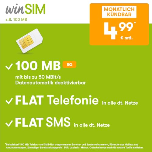 Handytarif winSIM z.B. Allnet Flat 100 MB – (Flat Internet 5G 100 MB, Flat Telefonie, Flat SMS und Flat EU-Ausland, 4,99 Euro/Monat, monatlich kündbar) oder andere Tarife von winSIM