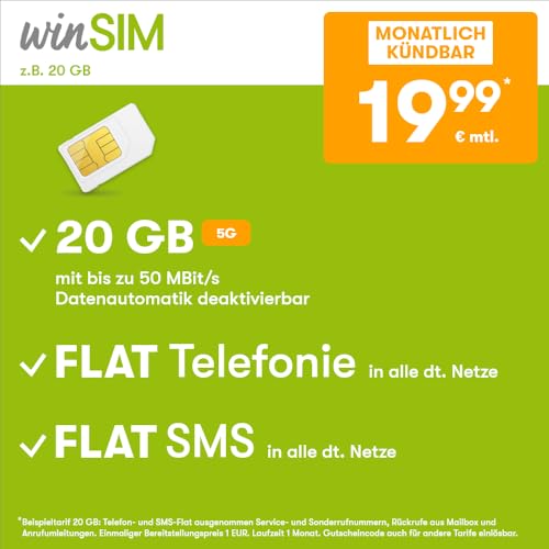 Handytarif winSIM z.B. Allnet Flat 20 GB – (Flat Internet 5G 20 GB, Flat Telefonie, Flat SMS und Flat EU-Ausland, 19,99 Euro/Monat, monatlich kündbar) oder andere Tarife von winSIM