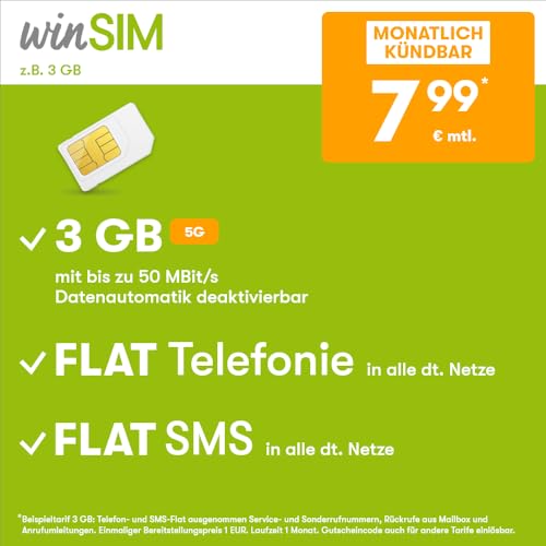 Handytarif winSIM z.B. Allnet Flat 3 GB – (Flat Internet 5G 3 GB, Flat Telefonie, Flat SMS und Flat EU-Ausland, 7,99 Euro/Monat, monatlich kündbar) oder andere Tarife von winSIM