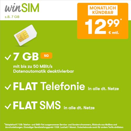 Handytarif winSIM z.B. Allnet Flat 7 GB – (Flat Internet 5G 7 GB, Flat Telefonie, Flat SMS und Flat EU-Ausland, 12,99 Euro/Monat, monatlich kündbar) oder andere Tarife von winSIM