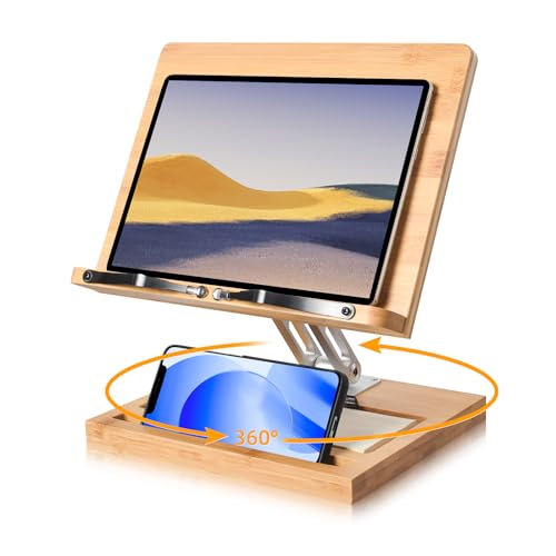 wishacc Verstellbarer Buchständer zum Lesen, 360-Grad-Buchhalter, freihändig mit Handy-Halterung und Akten-Organizer, faltbare Schreibtischerhöhung für Laptop, Rezept, Lehrbuch, Kochbuchständer von wishacc