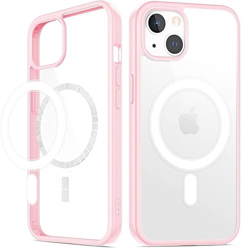 wlooo Magnetische kristallklare Hülle für iPhone 13 [Nicht-Gelb], MagSafe Slim Stoßfeste Handyhülle Weich TPU und Harte PC Bumper Cover Silikon Schutzhülle Case mit Magneten für iPhone 13 (rosa) von wlooo