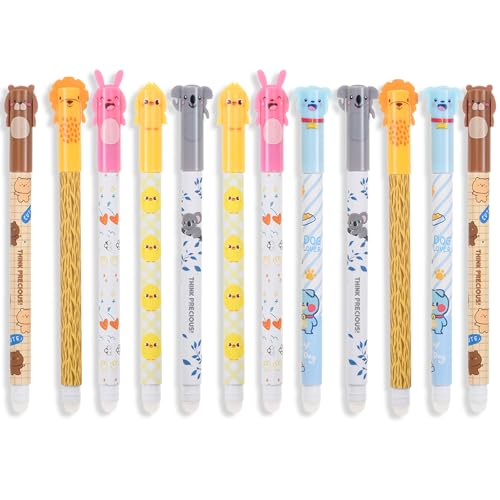 12Pack Gelstifte Radierbar-Schwarze /Blau Tinte Süßer Cartoon erasable pen Spitze- 0,5mm Minendurchmesser- Kugel am Ende zum Entfernen der Tinte, ohne das Blatt abzunutzen für Studenten Schule Büro von wokdsbl