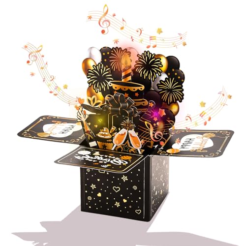 Geburtstagskarten - Musikalische Happy Birthday Karten mit blasbarer Kerze und Licht – 3D-Kuchen-Pop-Up-Karte für Frauen, Männer, Ehemann, Ehefrau, Kinder (schwarz) von wokdsbl