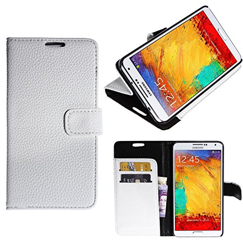 wortek Flip Case Wallet Samsung Galaxy Note 3 III N9000 / N9005 Tasche Magnetverschluss Stand Karten Fach Etui Litchi Weiß von wortek