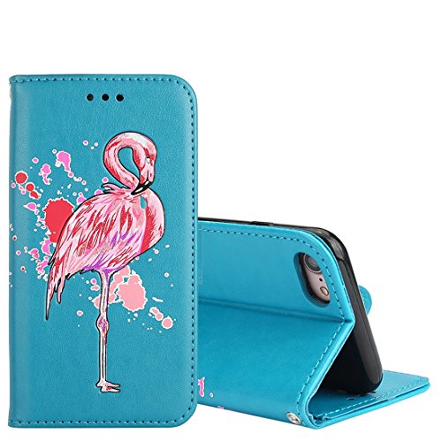 wortek Flip Case für iPhone 8 / iPhone 7 Flamingo-Design aus Textil und Kunstleder Bookstyle Flipcase mit Wallet und Standfunktion Handy-Tasche Schutzhülle Bookcase in Blau von wortek