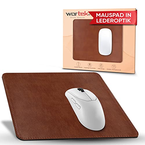 wortek Mauspad klein - Elegante Lederoptik - Office Mauspad Lederdesign - langlebiges Kunstleder - 24x20cm - vernähte Kanten - rutschfeste Gummiunterseite - Mousepad Gaming – Braun von wortek