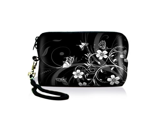 wortek Universal Designer Kameratasche aus Neopren für Kompaktkameras - Blumen Ranke Schwarz Weiß 2 von wortek