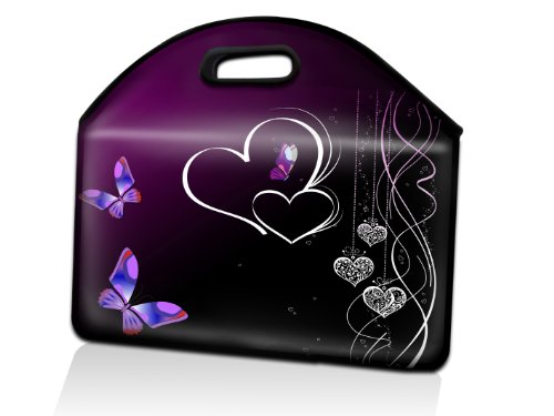 wortek Universal Notebook Tasche Handtasche aus Neopren integrierter Tragegriff für Notebooks bis ca. 17,3 Zoll - Schmetterling Herzen Schwarz Lila von wortek