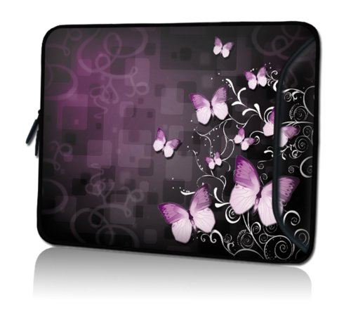 wortek Universal Notebooktasche Schutzhülle aus Neopren mit extra Zusatzfach für Kabel, Maus und Zubehör für Laptops bis 15,4 Zoll - Schmetterling Schwarz Pink von wortek