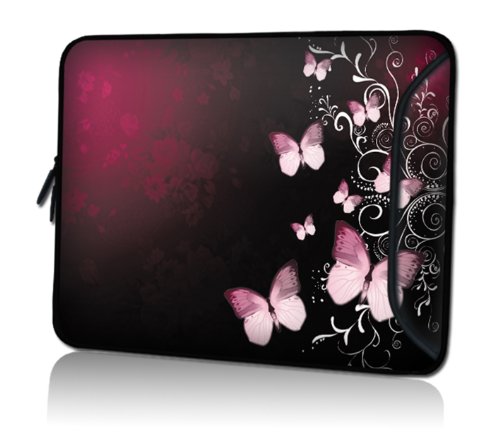 wortek Universal Notebooktasche Schutzhülle aus Neopren mit extra Zusatzfach für Kabel, Maus und Zubehör für Laptops bis 15,4 Zoll - Schmetterling Schwarz Rot von wortek