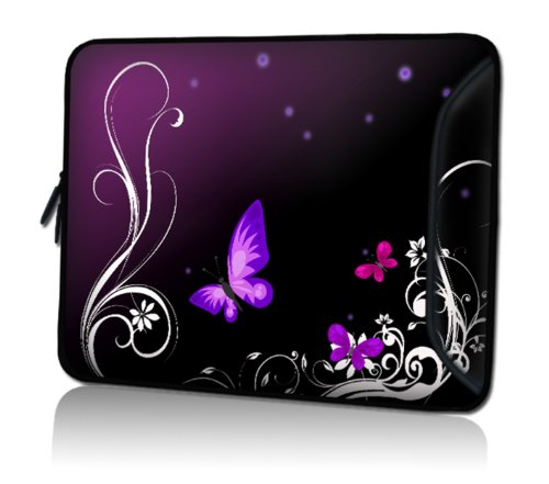 wortek Universal Notebooktasche Sleeve aus Neopren extra Zusatzfach für Kabel, Maus und Zubehör für Laptop bis ca. 10,2 Zoll - Schmetterling Ranke Schwarz Lila von wortek