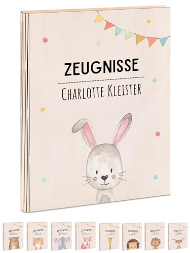 wunderwunsch® - Personalisierte Zeugnismappe aus Holz mit hochwertigem Spezial-Druck - Einschulung Geschenk - Zeugnismappe Jungen & Zeugnismappe Mädchen (Hase Girlande) von wunderwunsch