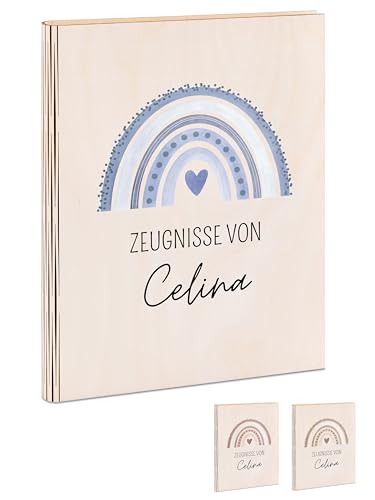 wunderwunsch® - Personalisierte Zeugnismappe aus Holz mit hochwertigem Spezial-Druck - Einschulung Geschenk - Zeugnismappe Jungen & Zeugnismappe Mädchen (Regenbogen blau) von wunderwunsch