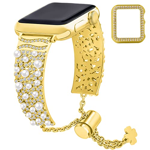 wutwuk Apple Watch 3 Armband 38mm Kompatibel mit Apple Watch Armband 38mm Gold mit Schutzhülle Edelstahl Metall mit Strasssteinen Ersatzarmband für iWatch Armband 3/2/1 Damen Mädchen von wutwuk