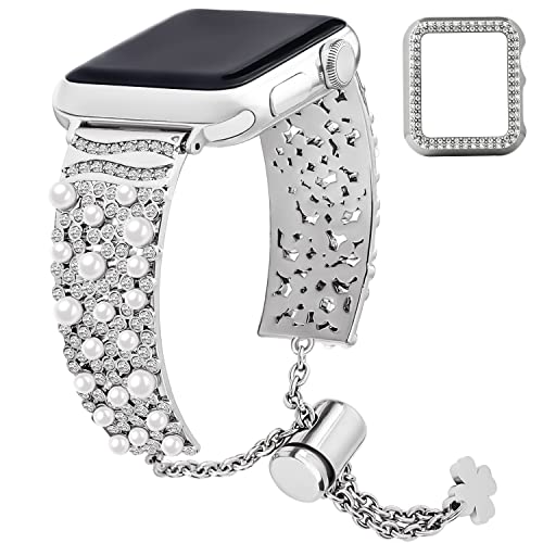 wutwuk Apple Watch 3 Armband 38mm Kompatibel mit Apple Watch Armband 38mm mit Schutzhülle Edelstahl Metall mit Strasssteinen Ersatzarmband für iWatch Armband 3/2/1 Damen Mädchen Silber von wutwuk