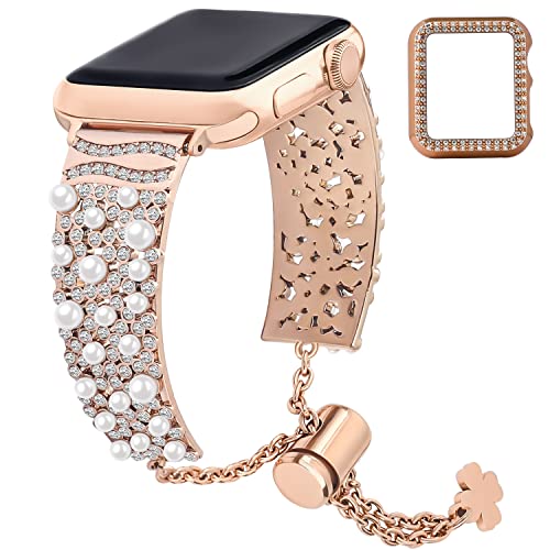 wutwuk Apple Watch 8 Armband 41mm Kompatibel mit Armband Apple Watch SE 40mm 41mm mit Schutzhülle Metall mit Strasssteinen Ersatzarmband für iWatch Armband SE 2022 SE 8 7 6 5 4 Damen Mädchen Roségold von wutwuk