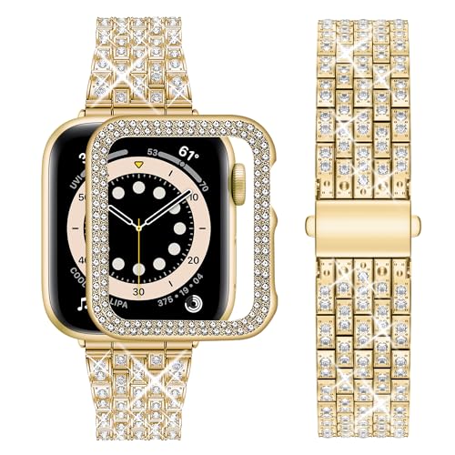 wutwuk Kompatibel mit Apple Watch 9 Armband 41mm Damen Armband für iWatch Series 9 8 7 41mm mit Diamant Strassstein Harter PC Schutzrahmen Kunststoffgehäuse Schutzhülle Frauen Gold von wutwuk