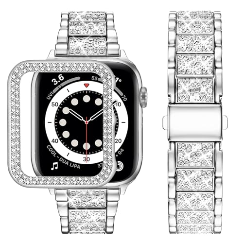 wutwuk Apple Watch Armband 42mm Damen Glitzer Kompatibel mit Apple Watch 3 Armband 42mm Schutzhülle Apple Watch Armband Strass Armband für iWatch Series 1 2 3 Silber Muttertagsgeschenk von wutwuk