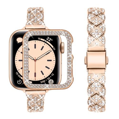 wutwuk Apple Watch Armband 42mm Damen Glitzer Kompatibel mit Apple Watch 3 Armband 42mm mit Schutzhülle Schmal Metallarmband für iWatch 1 2 3 mit Bling Strass für Damen Rosegold von wutwuk