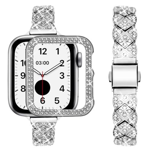 wutwuk Apple Watch Armband 42mm Glitzer Kompatibel mit Apple Watch 3 Armband 42mm mit Schutzhülle Schmal Metallarmband für iWatch 1 2 3 mit Bling Strass für Damen Silber von wutwuk