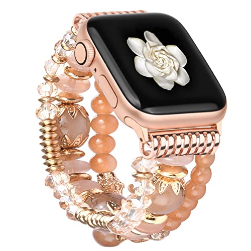 wutwuk Apple Watch Armband Damen Kompatibel mit iWatch Armband 44mm 45mm 42mm Damen mit Perlen für iWatch 8 7 6 5 4 SE SE2 3 2 1 Handgefertigter Elastischer Ersatzarmband Champagne von wutwuk