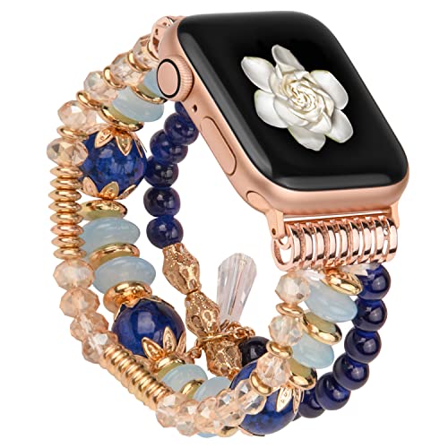 wutwuk Apple Watch Armband Damen Kompatibel mit iWatch Armband 44mm 45mm 42mm Damen mit Perlen für iWatch 8 7 6 5 4 SE SE2 3 2 1 Handgefertigter Elastischer Ersatzarmband Dunkelblau von wutwuk