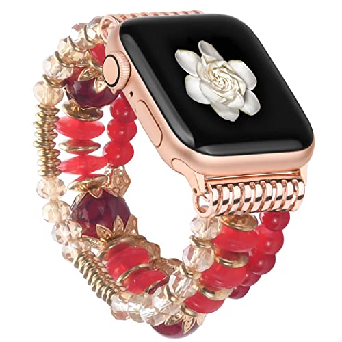 wutwuk Apple Watch Armband Damen Kompatibel mit iWatch Armband 44mm 45mm 42mm Damen mit Perlen für iWatch 8 7 6 5 4 SE SE2 3 2 1 Handgefertigter Elastischer Ersatzarmband Rot von wutwuk
