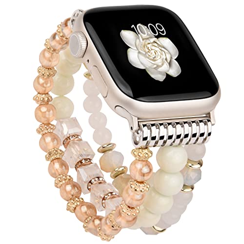wutwuk Apple Watch Armband Damen Kompatibel mit iWatch Armband 44mm 45mm 42mm Damen mit Perlen für iWatch 8 7 6 5 4 SE SE2 3 2 1 Handgefertigter Elastischer Ersatzarmband Weiß von wutwuk