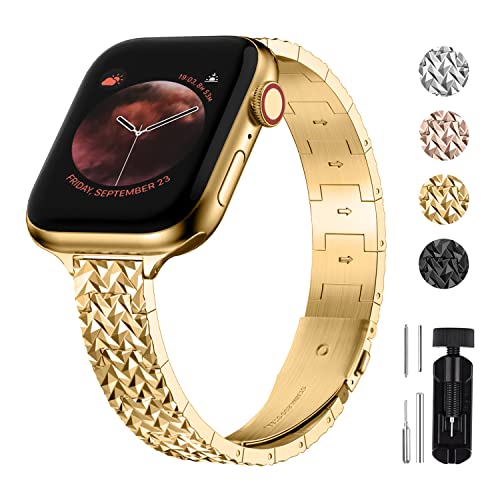 wutwuk Apple Watch Armband Gold Kompatibel mit Apple Watch Armband Metall 41mm 40mm 38mm Edelstahlarmband Pyramidenstruktur Armband für Apple Watch 8 7 6 5 4 SE SE2 3 2 1 Ersatzarmband Damen Herren von wutwuk