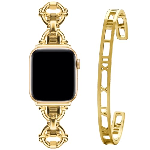 wutwuk Apple Watch Armband Gold Kompatibel mit Armband Apple Watch 40mm 41mm 38mm mit 18K Vergoldeter Edelstahl Armreif für Apple Watch Band SE 2022 SE 8 7 6 5 4 3 2 1 für Damen Mädchen von wutwuk