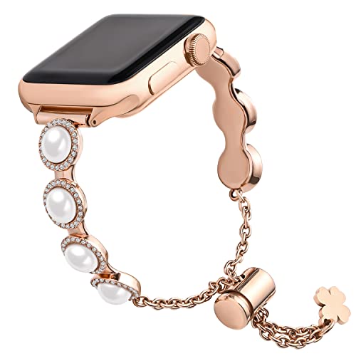 wutwuk Apple Watch Armband Kompatibel mit Apple Watch Armband 44mm 45mm 40mm mit Schutzhülle Edelstahl Ersatzarmband mit Strasssteinen für iWatch Armband 8/7/6/5/4/3/2/1/SE/SE2 Damen Resegold von wutwuk