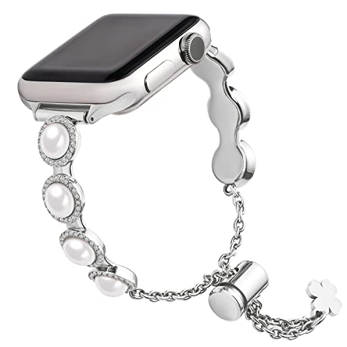 wutwuk Apple Watch Armband Kompatibel mit Apple Watch Armband 44mm 45mm 40mm mit Schutzhülle Edelstahl Ersatzarmband mit Strasssteinen für iWatch Armband 9/8/7/6/5/4/3/2/1/SE/SE2 Damen Silber von wutwuk
