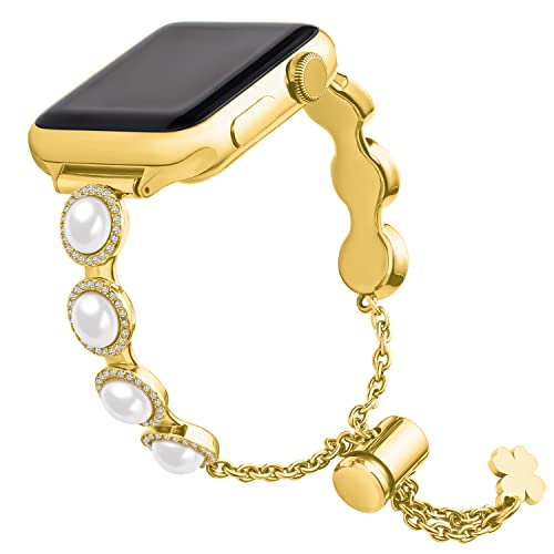 wutwuk Apple Watch Armband Kompatibel mit Apple Watch Band 40mm 41mm 38mm mit Schutzhülle Edelstahl Ersatzarmband mit Strasssteinen für Apple Watch Series 9/8/7/6/5/4/3/2/1/SE/SE2 Damen Mädchen Gold von wutwuk