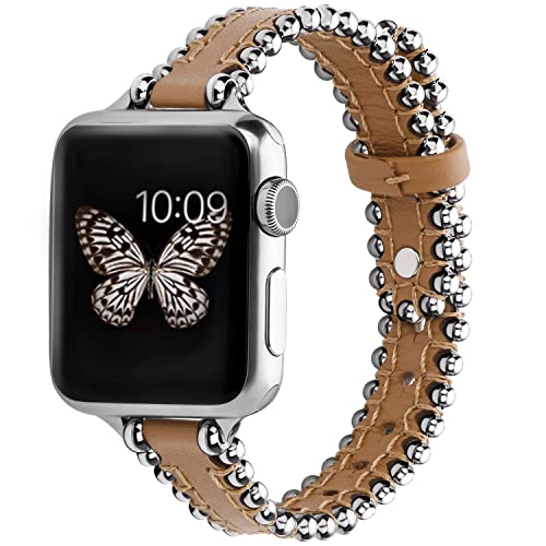 wutwuk Apple Watch Armband Leder Kompatibel mit iWatch Armband 41mm 40mm 38mm Lederarmband für iWatch 8 7 6 5 4 3 2 1 SE SE2 Schmales Ersatzarmband Perlen Damen Herren Braun/Silberne Schnalle von wutwuk