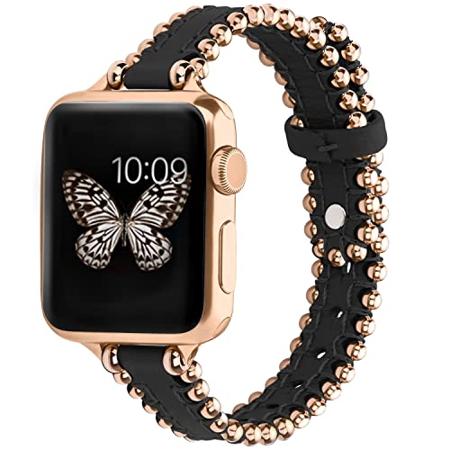 wutwuk Apple Watch Armband Leder Kompatibel mit iWatch Armband 41mm 40mm 38mm Lederarmband für iWatch 8 7 6 5 4 3 2 1 SE SE2 Schmales Ersatzarmband Perlen Damen Herren Schwarz/Roségoldene Schnalle von wutwuk