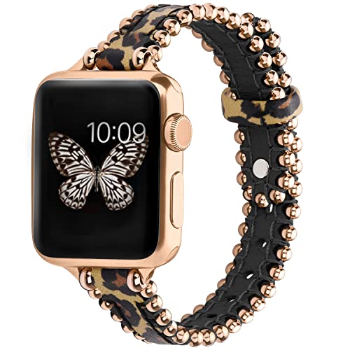 wutwuk Apple Watch Armband Leder Kompatibel mit iWatch Armband 45mm 44mm 42mm 49mm Lederarmband für iWatch Ultra 8 7 6 5 4 3 2 1 SE SE2 Ersatzarmband Perlen Damen Herren Leopard/Roségoldene Schnalle von wutwuk