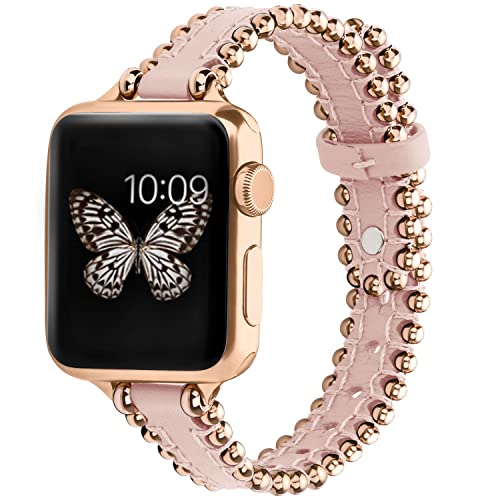 wutwuk Apple Watch Armband Leder Kompatibel mit iWatch Armband 45mm 44mm 42mm 49mm Lederarmband für iWatch Ultra 8 7 6 5 4 3 2 1 SE SE2 Ersatzarmband Perlen Damen Herren Rosa/Roségoldene Schnalle von wutwuk