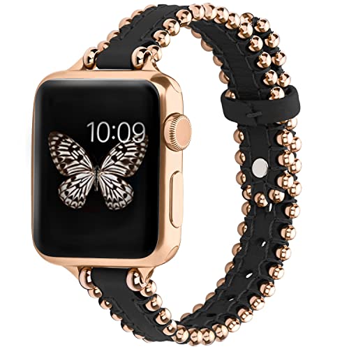 wutwuk Apple Watch Armband Leder Kompatibel mit iWatch Armband 45mm 44mm 42mm 49mm Lederarmband für iWatch Ultra 8 7 6 5 4 3 2 1 SE SE2 Ersatzarmband Perlen Damen Herren Schwarz/Roségoldene Schnalle wutwuk Apple Watch Armband Leder Kompatibel mit iWatch Armband 45mm 44mm 42mm 49mm Lederarmband für iWatch Ultra 8 7 6 5 4 3 2 1 SE SE2 Ersatzarmband Perlen Damen Herren Schwarz/Roségoldene Schnalle von wutwuk