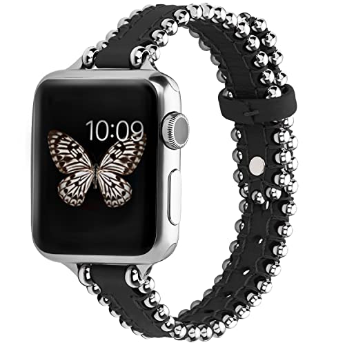 wutwuk Apple Watch Armband Leder Kompatibel mit iWatch Armband 45mm 44mm 42mm 49mm Lederarmband für iWatch Ultra 8 7 6 5 4 3 2 1 SE SE2 Ersatzarmband Perlen Damen Herren Schwarz/Silberne Schnalle wutwuk Apple Watch Armband Leder Kompatibel mit iWatch Armband 45mm 44mm 42mm 49mm Lederarmband für iWatch Ultra 8 7 6 5 4 3 2 1 SE SE2 Ersatzarmband Perlen Damen Herren Schwarz/Silberne Schnalle von wutwuk