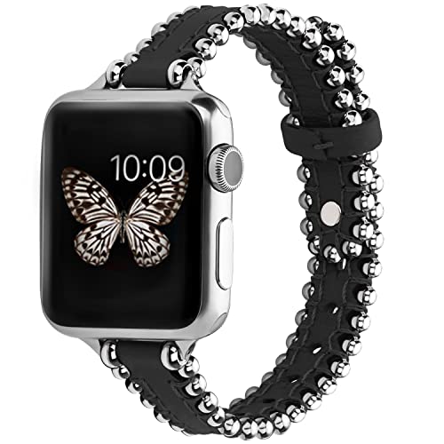 wutwuk Apple Watch Armband Leder Kompatibel mit iWatch Armband 45mm 44mm 42mm 49mm Lederarmband für iWatch Ultra 8 7 6 5 4 3 2 1 SE SE2 Ersatzarmband Perlen Damen Herren Schwarz/Silberne Schnalle von wutwuk