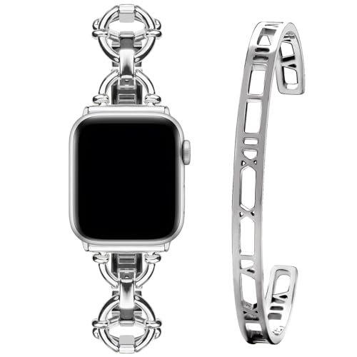 wutwuk Apple Watch Armband Set Kompatibel mit Armband Apple Watch 44mm 45mm 42mm mit 18K Vergoldeter Edelstahl Armreif für Apple Watch Band SE 2022 SE 8 7 6 5 4 3 2 1 für Damen Mädchen Silber von wutwuk